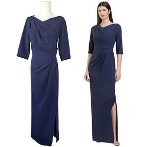 KAY UNGER Margerite Column Gown Size 4 Navy Blue Asymmetric Pleated Dress Maxi